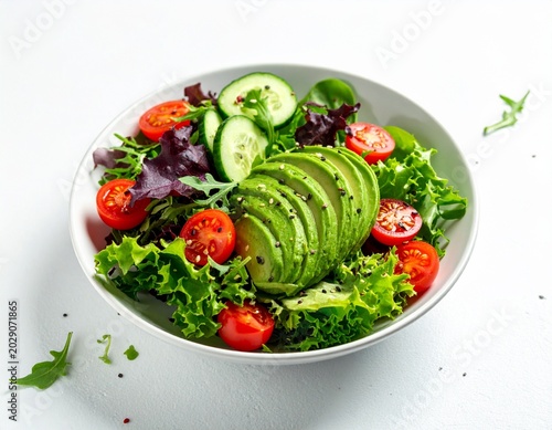 Fresh Avocado Salad Bowl with Cherry Tomatoes and Cucumber on White Background