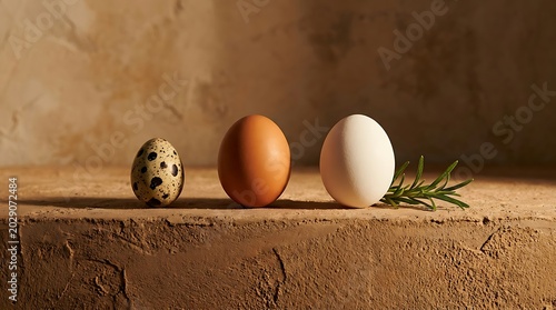 Barisan telur puyuh cokelat dan putih di atas meja batu dengan daun rosemary melambangkan harmoni serta kesederhanaan bahan organik.