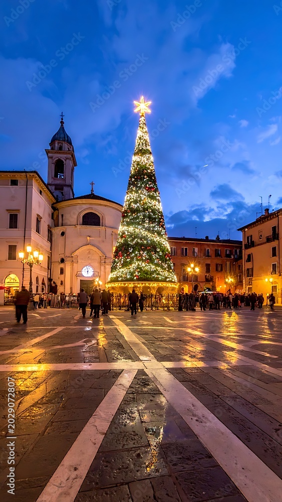 Fototapeta premium Christmas tree in city square at night.