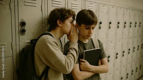 Teenage boy whispering a secret to another student in a school locker hallway while the other holds a notebook and listens with a serious expression