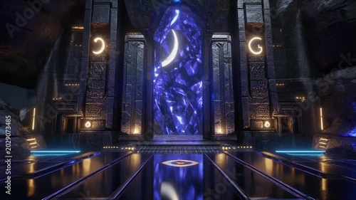 Futuristic Temple Entrance with Glowing Blue Crystal Portal and Ancient Cosmic Symbols