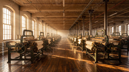  Rows of vintage industrial textile looms in an empty historic factory, beautifully lit by sunlight through arched windows