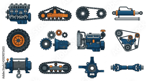 Billede på lærred Collection of industrial machinery parts and components.