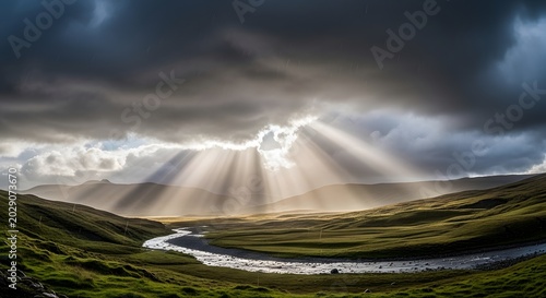 Sun Rays Over River in Valley