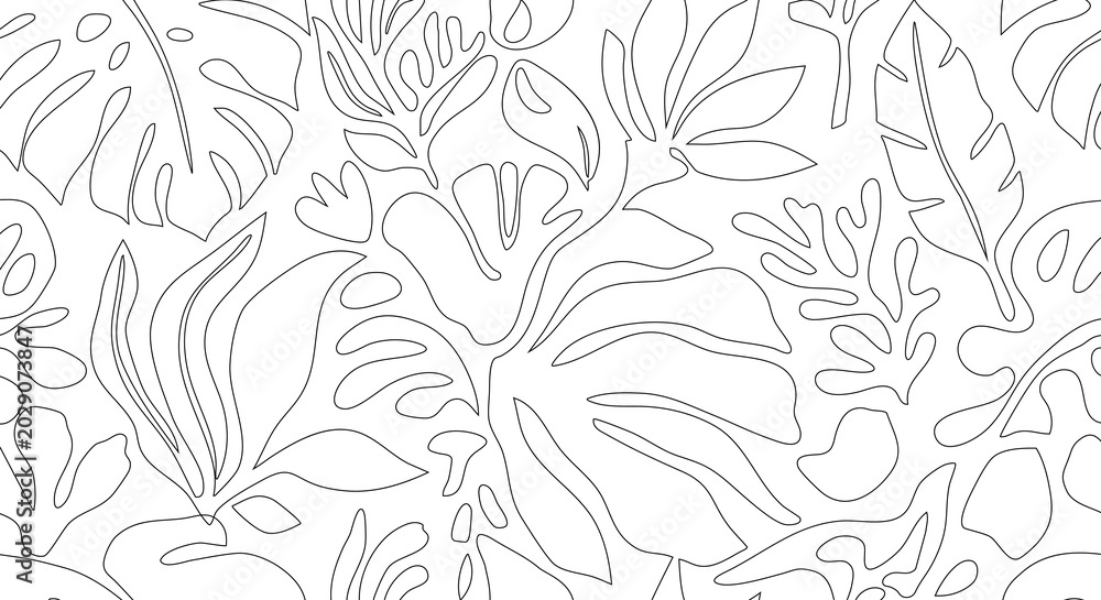 Fototapeta premium Tropical leaves pattern, black and white line drawing