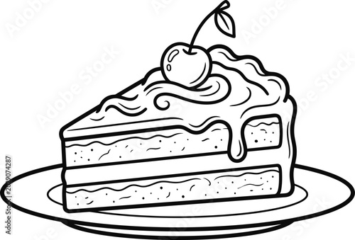 Black and white line art illustration of a slice of cake with a cherry on top.