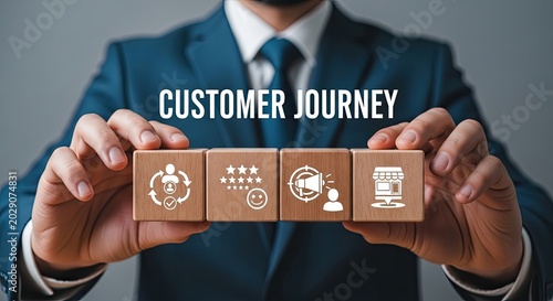 Businessman holding wooden blocks with customer journey icons, representing customer experience and service strategy in a professional setting