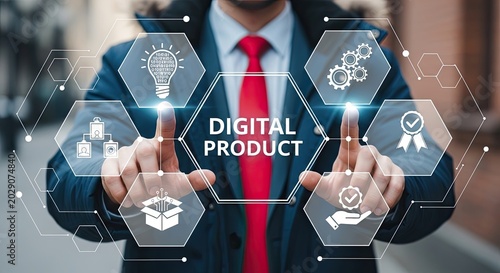 Businessman in suit interacting with digital product icons on a futuristic interface with hexagons and symbols