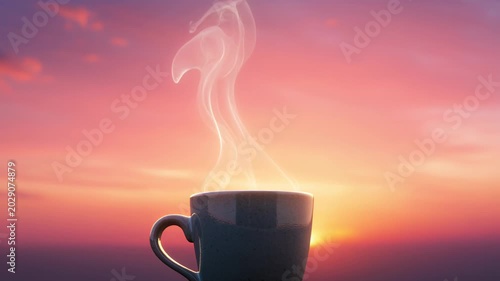 Steaming coffee mug silhouette at sunset. Seamless looping 4k video background