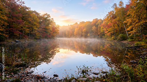 Autumn lake sunrise fog and colorful forest reflection