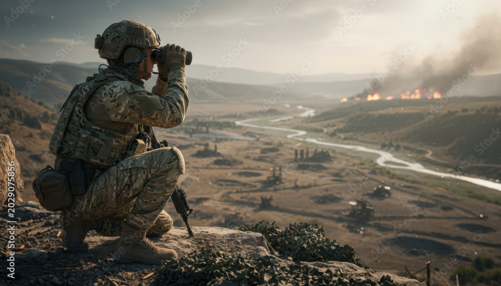 Naklejka premium Military Soldier Observing Battlefield Through Binoculars From Elevated Terrain