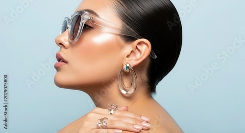Beautiful Asian Woman in Profile Wearing Stylish Transparent Sunglasses and Elegant Jewelry on Blue Background