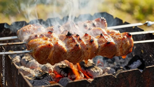 Delicious and savory skewered pork shish kebab cooking over hot charcoal coals on a barbecue grill