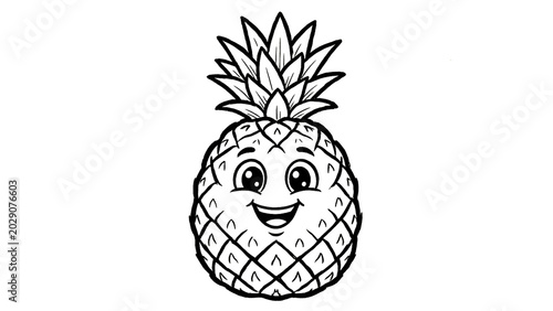 Cute fruit coloring book collection for kids featuring kawaii apples, bananas, watermelon, strawberries, pineapples, oranges, grapes, coconuts, and mangoes in simple black and white line art