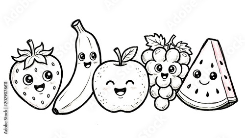 Cute fruit coloring book collection for kids featuring kawaii apples, bananas, watermelon, strawberries, pineapples, oranges, grapes, coconuts, and mangoes in simple black and white line art