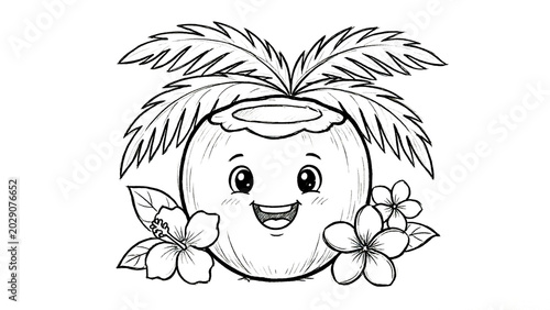 Cute fruit coloring book collection for kids featuring kawaii apples, bananas, watermelon, strawberries, pineapples, oranges, grapes, coconuts, and mangoes in simple black and white line art