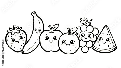 Cute fruit coloring book collection for kids featuring kawaii apples, bananas, watermelon, strawberries, pineapples, oranges, grapes, coconuts, and mangoes in simple black and white line art