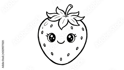 Cute fruit coloring book collection for kids featuring kawaii apples, bananas, watermelon, strawberries, pineapples, oranges, grapes, coconuts, and mangoes in simple black and white line art
