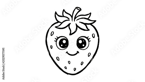 Cute fruit coloring book collection for kids featuring kawaii apples, bananas, watermelon, strawberries, pineapples, oranges, grapes, coconuts, and mangoes in simple black and white line art