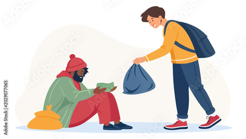 Young man giving food bag to homeless person on white background with man with beard social issue street person homeless donation compassion kindness generosity backpack man with red hat