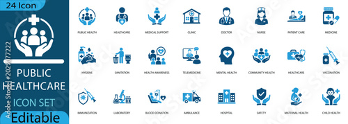 Photos Public healthcare icon set featuring medical support, hospital, telemedicine, and vaccination symbols