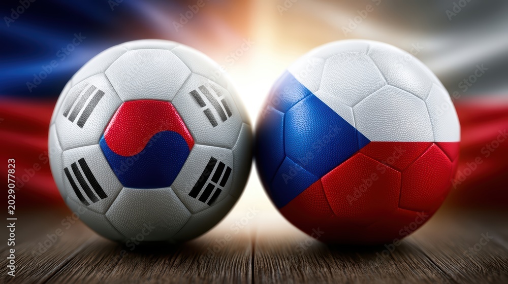 Fototapeta premium Soccer balls featuring national flags of south korea and czech republic for international tournament competition