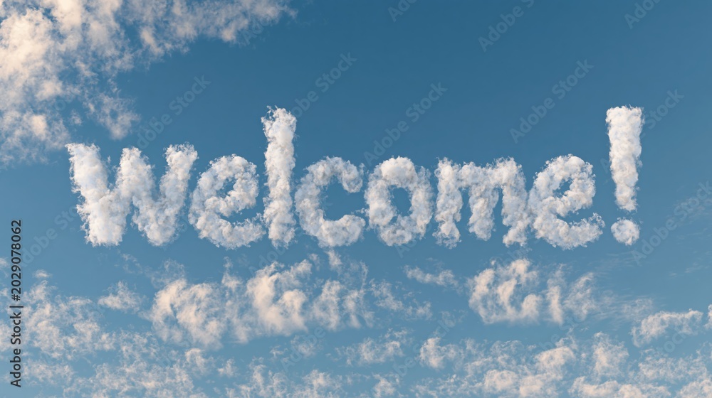 Naklejka premium Realistic Blue Sky Background with White Cloud Typography Spelling Welcome, Natural Minimal Inspirational Scene with Clean Commercial Composition
