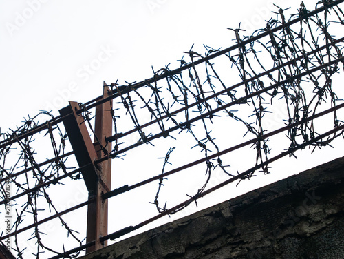 Barbed wire fence rows silhouetted against white overcast sky on concrete wall security barrier boundary prison concept