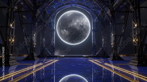 Celestial Sphere in a Futuristic Chamber A Mystical Full Moon Reflecting on an Illuminated Blue Floor in a Grand, Architecturally Complex Space Station Hall