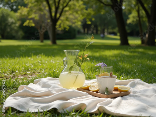 Picnic setup with drink and food on blanket in green park with trees