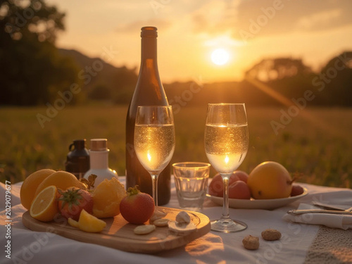 Sunset picnic with wine glasses and fresh fruits on a table outdoors