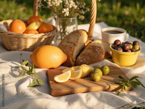 People enjoy a picnic with food and drinks on a table outside in nature
