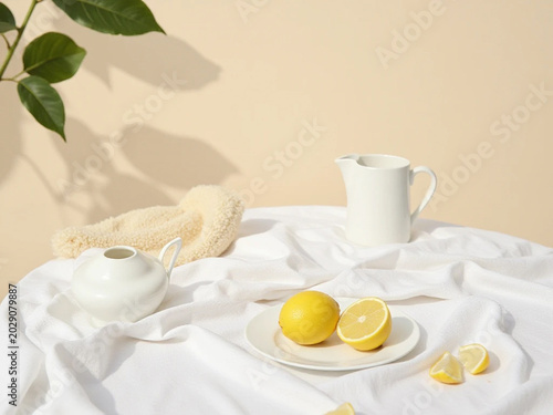 Still life of lemons on a plate with tea set on a table indoors