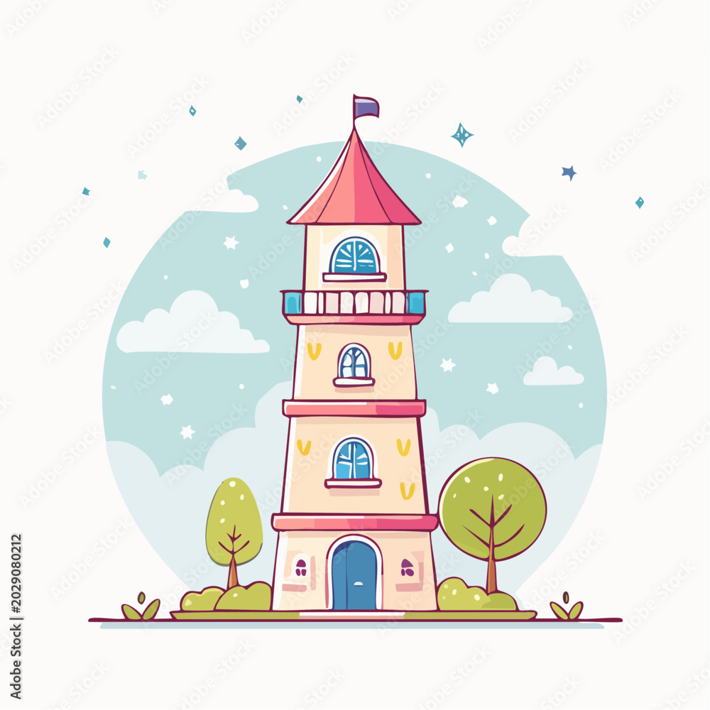Obraz premium Cartoon Lighthouse with Trees and Clouds