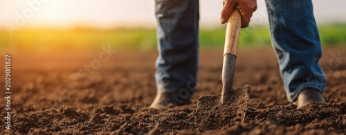 Person Digging Soil With Shovel in Farmland Field During Golden Hour Sunset for Agricultural Work Concept and Rural Farming Lifestyle with Warm Natural Light and Harvest Preparation Scene