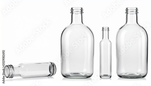 Clear glass bottles collection isolated
