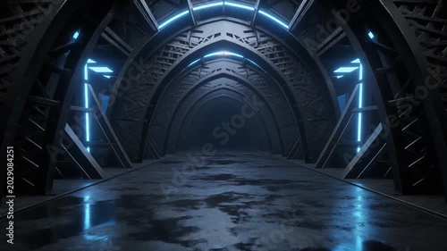A mysterious long tunnel with glowing blue neon lights, featuring a dark and futuristic arched hallway, creating an endless sci-fi corridor leading into the unknown depths