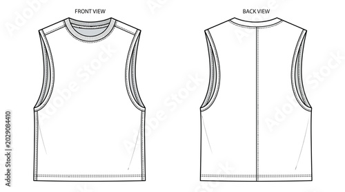 Men Muscle Tank Top Technical Flat Sketch Template Front and Back View