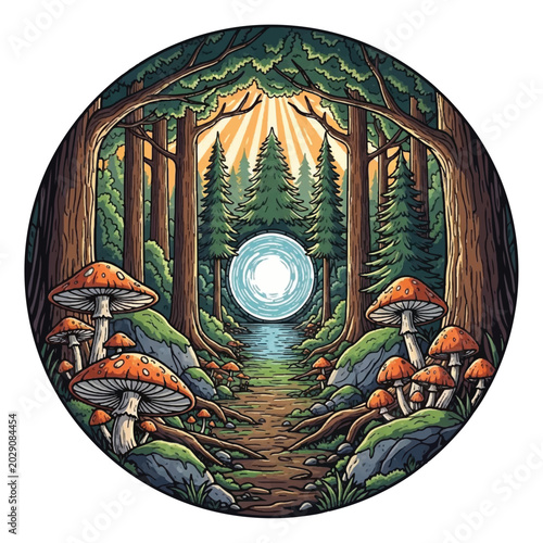 A group of red capped mushrooms.