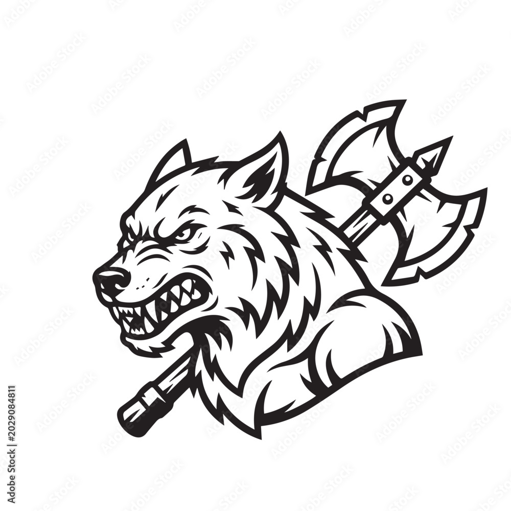 Obraz premium Fierce wolf head with a double headed battle axe emblem.