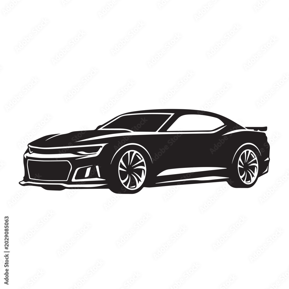 Fototapeta premium Black and white silhouette of a modern American muscle sports car.