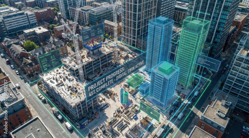 Modern Urban Construction Site with Digital Overlays and Skyscrapers