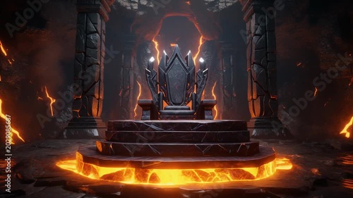 Dark Throne in Fiery Chamber A Symbol of Power and Ruin in Fantasy Realm