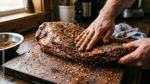 A close-up of hands applying a dry rub to a beef brisket. The rub is a coarse mix of black pepper, salt, smoked paprika, and garlic powder. The hands massage it thoroughly into the meat's surface.