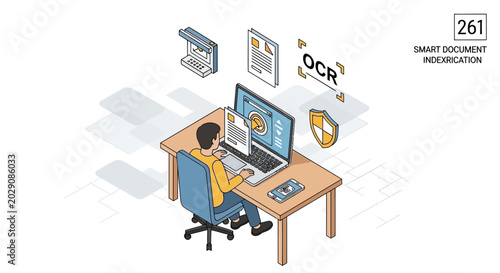 Isometric illustration of a person working on a laptop with digital documents