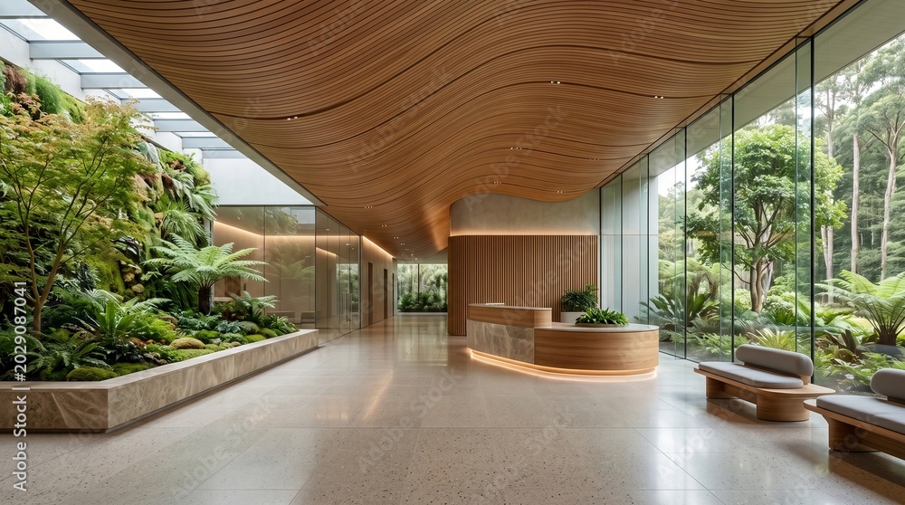 Fototapeta premium Contemporary Healthcare Reception Area with Wooden Ceiling and Garden View