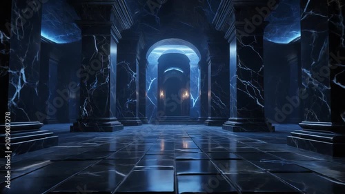 An ancient, dimly lit marble hall with columns and arched doorways, featuring atmospheric blue lighting and a reflective floor, evoking a sense of mystery and grandeur