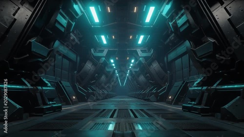 Mesmerizing digital portal in a sleek dark metallic futuristic corridor illuminated by vibrant neon blue light, symbolizing advanced technology and an intriguing pathway into the unknown future