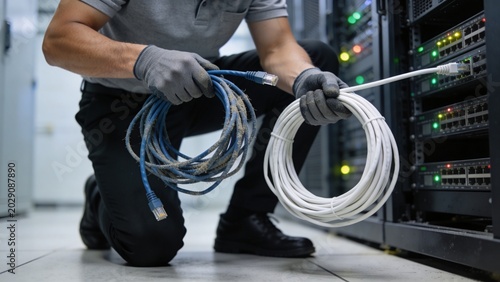 Technician Comparing Old Dusty Network Cable with New Ethernet Cable in Data Center