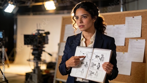 Professional Female Director Presenting Film Storyboard on Set